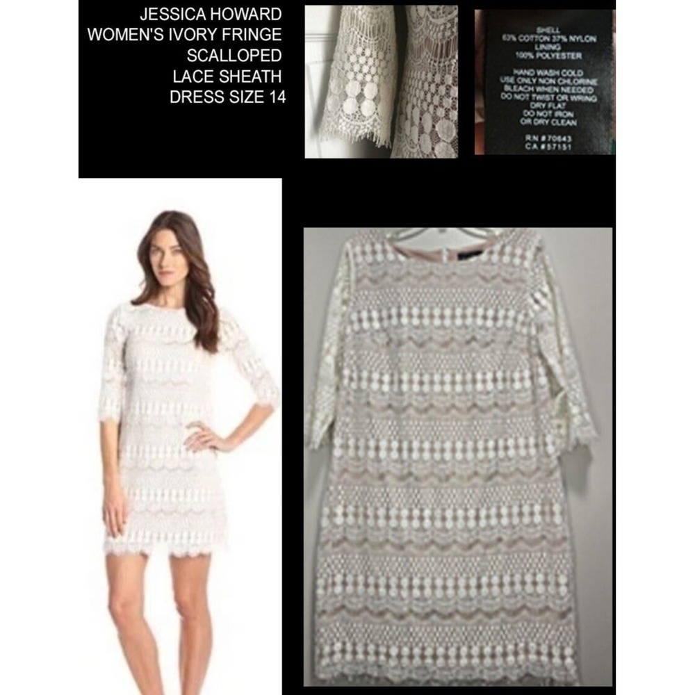 Jessica Howard Women's White Lace Shift Dress Size‎ 14W Plus 3/4 Sleeve